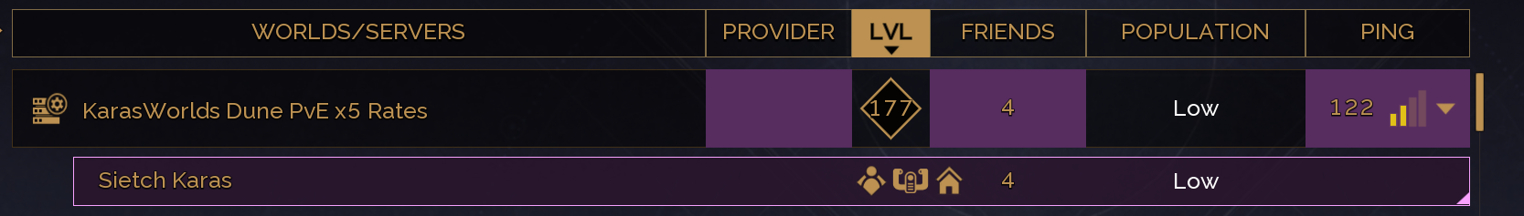 KarasWorlds Dune PvE x5 Rates server shown in the in-game server browser
